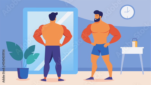 A man stares at himself in the mirror comparing his physique to his fitness idols and feeling motivated to improve.. Vector illustration