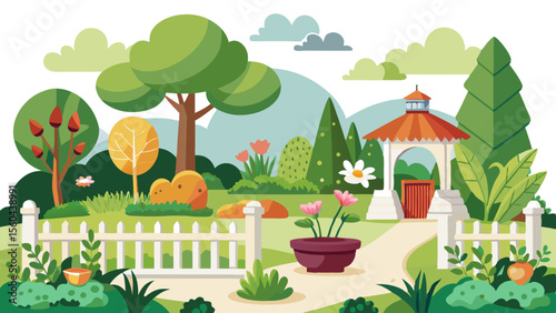 Charming cartoon illustration of a vibrant garden with a white picket fence and a gazebo