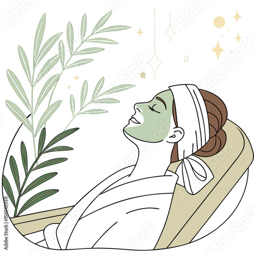 Woman relaxing with a facial mask in a spa chair surrounded by plants and sparkling star decorations