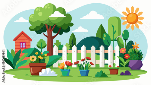 Charming cartoon garden scene with a small red house blooming flowers in pots a large tree and a white picket fence under a sunny sky
