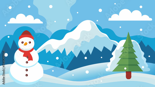 Charming winter landscape featuring a friendly snowman snow covered mountains and a pine tree under a snowy sky