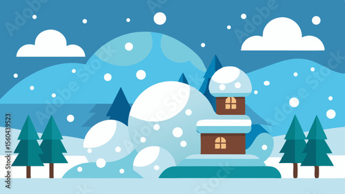 Charming flat design illustration of a cozy winter village scene with a snow covered house and evergreen trees during a snowfall