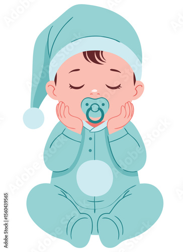 Adorable Baby in Sleepwear and Hat Peacefully Sleeping with Pacifier, Perfect for Infancy Themes