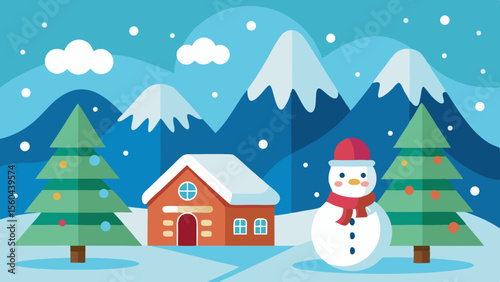 Charming winter landscape with a cozy cabin a cheerful snowman and decorated christmas trees under a snowy sky with mountains
