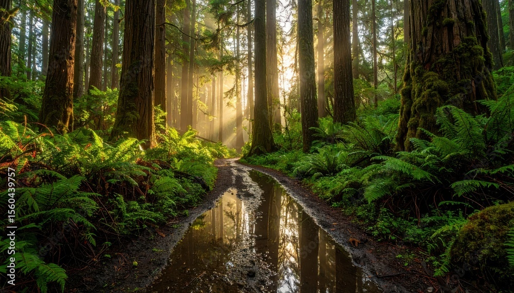 Obraz premium Tranquil Forest Trail with Puddle and Soft Dawn Light Beams