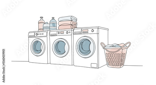 Laundry room with washing machines and basket – one line doodle drawing with watercolor fill, minimalistic vector illustration on white background