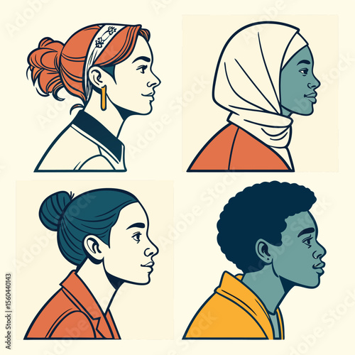 Four diverse women profiles in square layout with different hairstyles and head coverings shown clearly