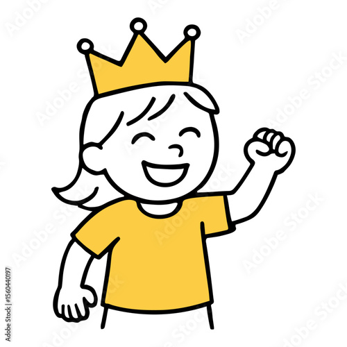 Girl with Yellow Crown and T-Shirt. Happy Child Character, Joyful Pose, Simple Doodle Line Art, Hand-Drawn Vector Illustration