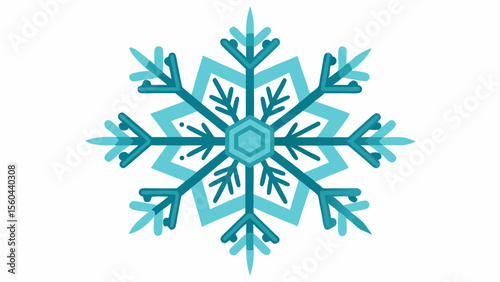 Stylized geometric snowflake design in shades of blue and teal on a white background with black borders