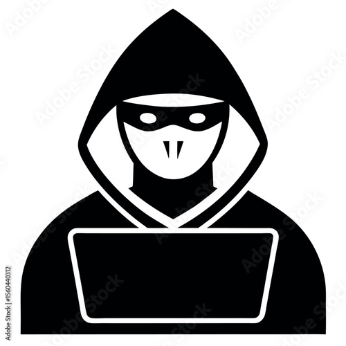 Black and White Masked Hacker with Laptop in Hooded Sweatshirt Illustration