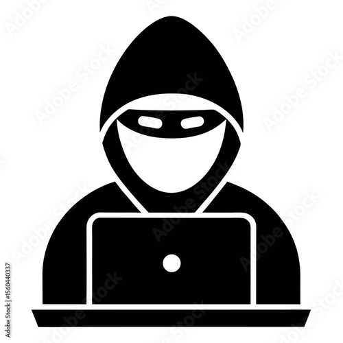 Black Hacker Silhouette Wearing Mask Working on Laptop Computer in Isolated