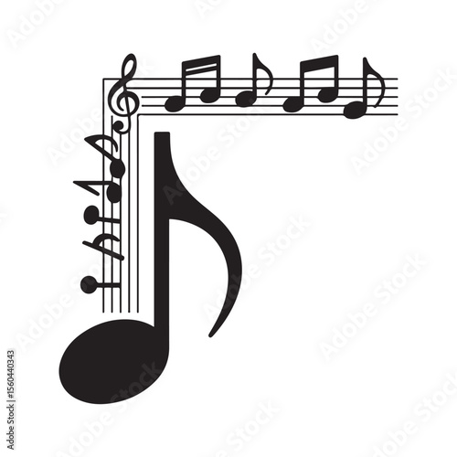 Note the music corner border. Vector black silhouette. with white background