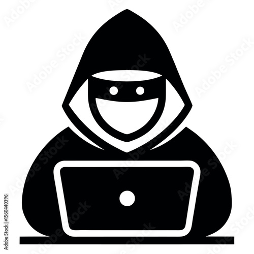 Black Silhouette Hacker Masked and Hooded, Working on Laptop Computer at Table Symbol