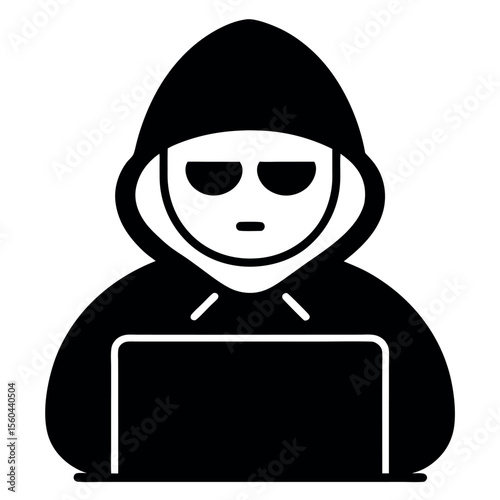 Silhouette of a Hooded Hacker with Sunglasses Using Laptop Computer, Isolated on White Background