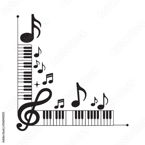 Note the music corner border. Vector black silhouette. with white background
