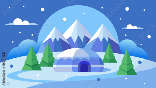 Cozy winter scene with a yurt nestled among snow covered mountains and evergreen trees under a starry night sky