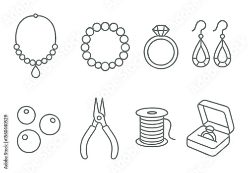 Handmade jewelry tools icons set – outline style, crafting and design elements