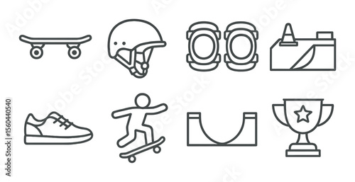 Skateboard line icons set – simple skateboarder, helmet, and trophy symbols