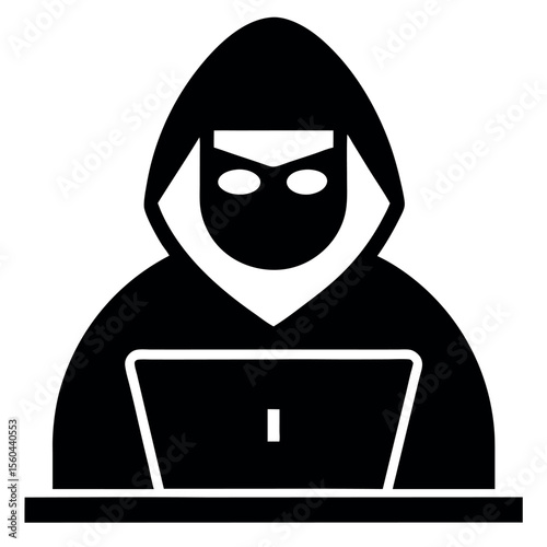 Silhouette of Hacker in Hood Using Laptop for Cybercrime, Black and White Illustration
