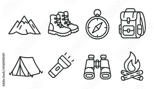 Outdoor adventure icons set – outline, camping and hiking symbol collection