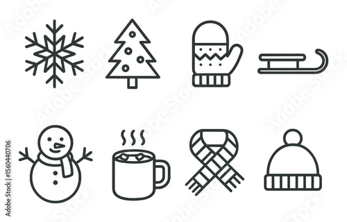 Winter holiday icons set – outline, festive, seasonal graphic elements