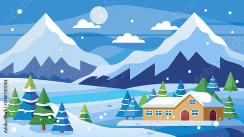 Cozy winter cabin nestled amongst snow covered pine trees with majestic mountains in the background under a snowy sky