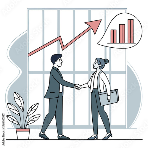Man and woman shaking hands in front of a graph with an arrow and a plant in a pot illustration