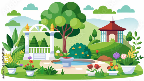 Beautifully illustrated garden scene with a white gazebo a red pagoda lush greenery colorful flowers and a small pond