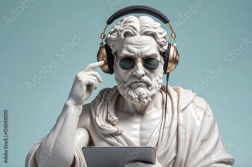 Modern interpretation of a classical sculpture featuring a sage enjoying music with headphones and sunglasses