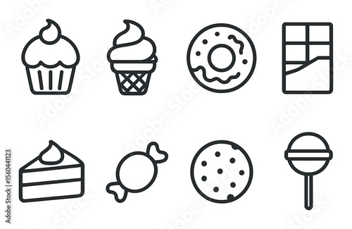 Sweet treats icons set – outline, candy and dessert themed design symbols
