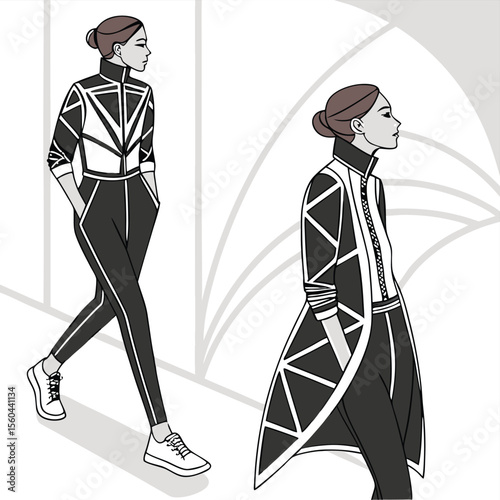 Two women in geometric patterned outfits standing in front of an abstract white background design element