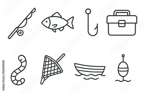 Fishing equipment icons set – outline, angling and tackle symbols for hobbyists