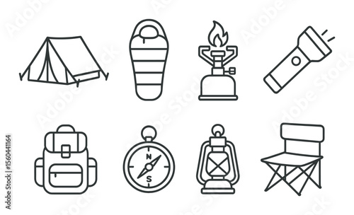 Camping gear icons set – silhouette, outdoor equipment and adventure symbols