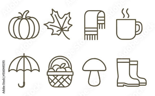 Autumn essentials icons set – outline, fall season and cozy design symbols