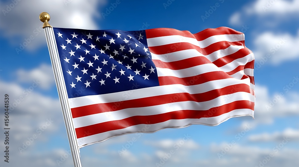 American Flag Waving in a Clear Sky with Clouds on a Bright Sunny Day American Flag Waving in a Clear Sky with Clouds on a Bright Sunny Day