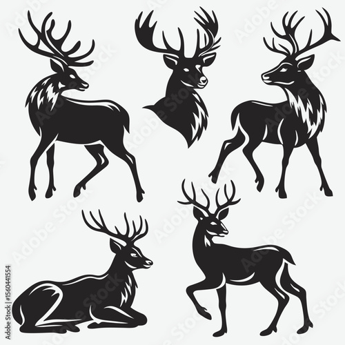 Deer silhouette vector set with various wild deer including stag and reindeer in cartoon and realistic styles