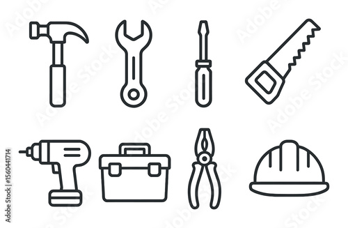 Essential construction tools icons set – outline, building and repair tool symbols