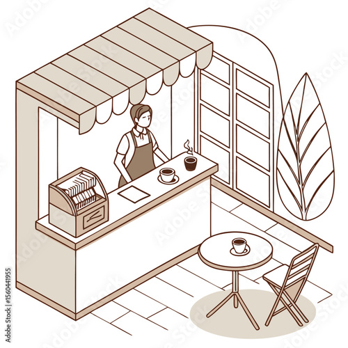 Isometric view of a cafe with a barista, coffee cups, table, chair, window and a plant drawing