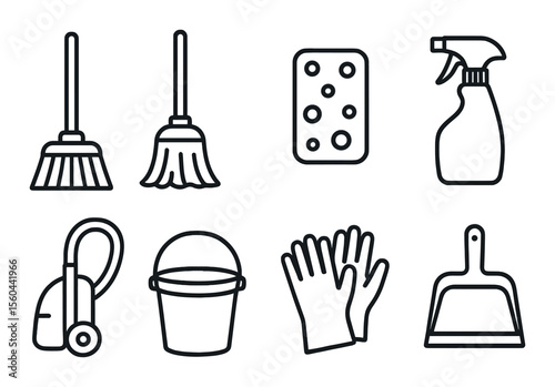 Cleaning equipment icons set – outline, hygiene and tidying tools collection