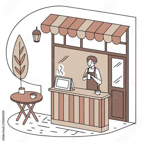 Illustration of a barista at a coffee shop counter with a table and plant in a cozy cafe setting scene