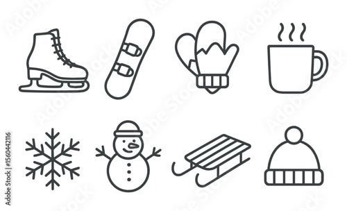 Winter activity icons set – outline, seasonal and holiday symbol pack