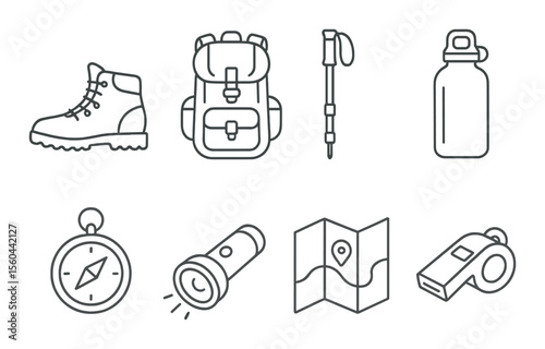 Hiking gear icons set – outline style, camping and trekking essentials symbols