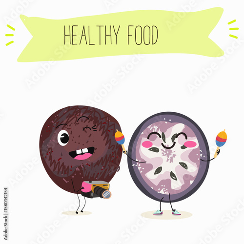 Cherry, fruit, dogwood, cornelian, cornus, funny cheerful characters. Vector hand drawn  illistration.