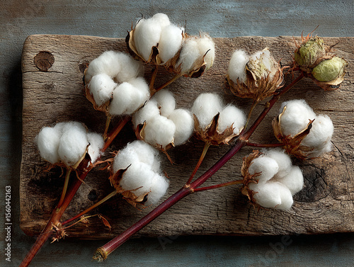 Cotton plants on a weathered wooden board in a rustic still life scene