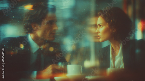Artistic Photo of young couple talking at a coffee shop, motion blur