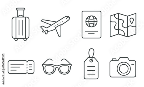 Travel essentials icons set – outline, vacation and trip planning graphics