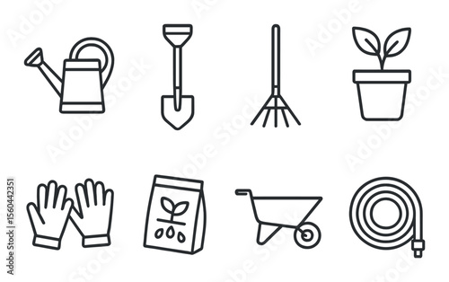Gardening tools icons set – outline, agriculture and horticulture equipment symbols