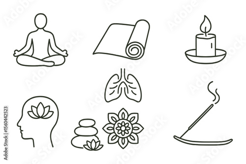 Zen yoga icons set – outline, meditation and relaxation symbol collection