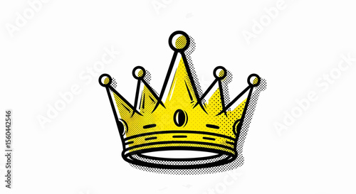 This high-quality vector graphic features a distressed halftone crown with five prongs, dashed lines, and yellow bursts, emphasizing royalty, vintage aesthetics, and print-like design.