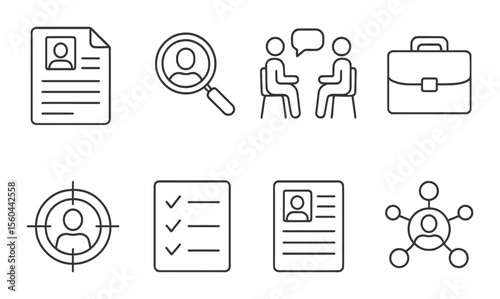 Job search essentials icons set – line, employment and career symbol collection